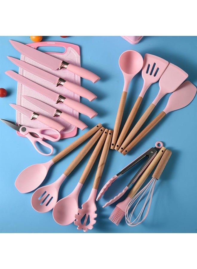 DubaiGallery 19Pcs Complete Kitchen Cooking Utensils Set With Silicone Heads and Wooden Handles, Non Stick Safe Tools, Knife Collection, Cutting Board, Spoon Spatula Whisk Set for Daily Cooking and Baking - Image 5